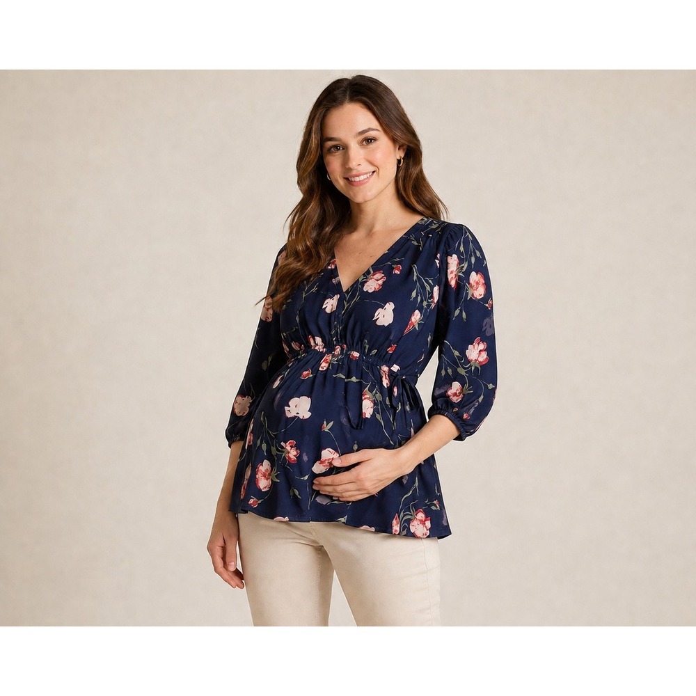 Isabel Maternity XL Floral Blouse Empire Waist Navy Pink‎ Boho Top Stylish Comfy